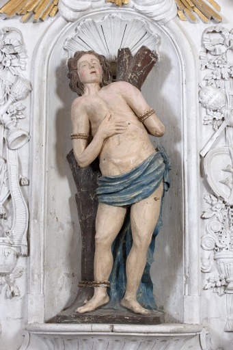 Statue : saint Sébastien - Église paroissiale et prieurale Notre-Dame, Saulges