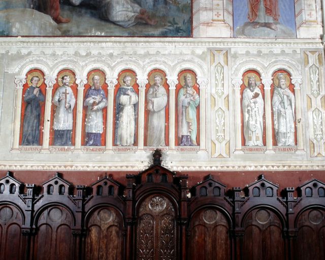 Peintures monumentales de l'église paroissiale Sainte-Thérèse de Pré-en-Pail : Transfiguration, Assomption, Enfance du Christ, symboles des évangélistes, cycle de la Vierge, cycle de saint Joseph