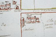 Plan des lieux du Pesle en 1773. Edifice 1, détail : lieu aux mineurs Erad et fournil à la veuve Erard conservé.