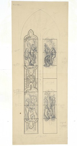 Verrière historiée : Jésus marchant sur les eaux, la résurrection de Lazare, la femme adultère, le repas chez Simon (baie 7) - Église Saint-Sulpice, Le Genest-Saint-Isle (Le Genest)