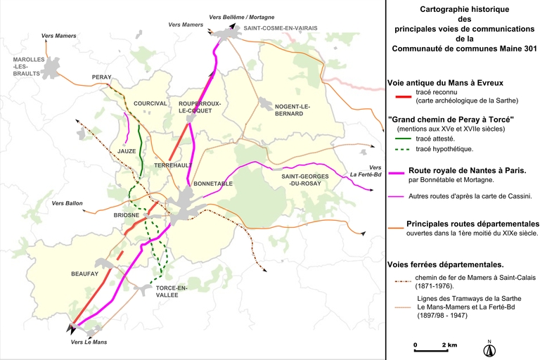 La traversée du canton de Bonnétable par la voie antique du Mans à Evreux, puis Grand Chemin mansais vers Rouen, puis route royale du Mans à Paris, puis R.N. 138 bis du Mans à Mortagne au Perche, actuellement R.D. 301.