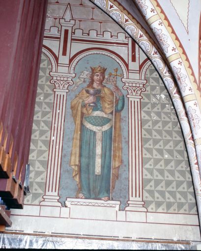 Peintures monumentales de l'église paroissiale Sainte-Thérèse de Pré-en-Pail : scènes bibliques dédiées à l'eucharistie, prophètes, docteurs de l'Eglise, Eglise, Synagogue, Vierge, Noé, Moïse, saint Jean-Baptiste, Esther, Rébecca, Judith, Rachel