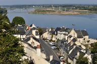 Vue d'ensemble : le bourg (place des Diligences), la Loire, le pont.