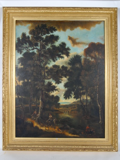 Tableau : paysage animé avec cours d'eau et vieux pont - Collection Robert-Glétron