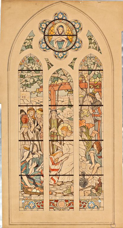 Ensemble de 2 verrières historiées : repos de Jésus à Béthanie, adoration des mages et des bergers (baies 7 et 8) - Église paroissiale Saint-Pierre, Désertines