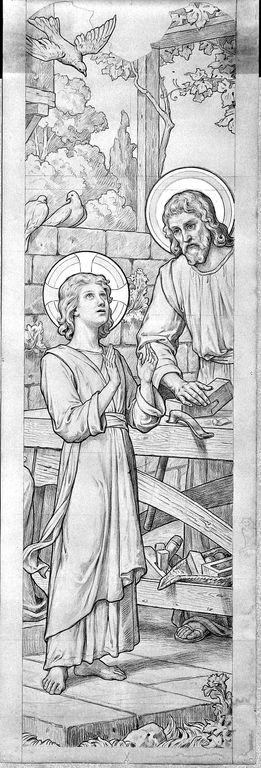Ensemble de 2 verrières historiées : Sainte Famille, apparition de la Vierge à Pontmain (baies 2 et 4) - Église paroissiale Saint-Crespin-et-Crespinien, Larchamp