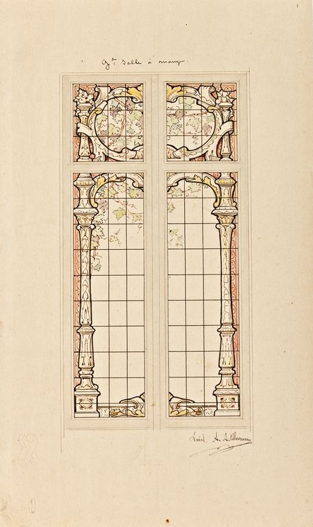 Ensemble de 3 verrières décoratives : pampre, branches de pommier, allégories de l'écriture et de la lecture - Maison, 2-4 rue de Bergault, Bazougers