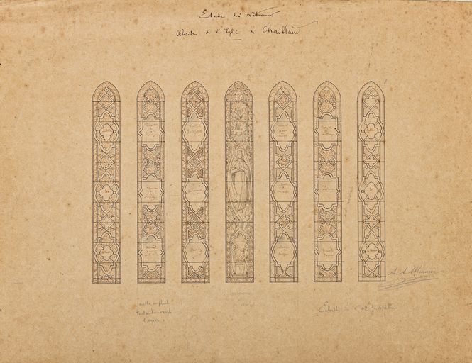 Ensemble de 5 verrières historiées et de 2 verrières décoratives : vie de la Vierge (baies 0 à 6) - Église paroissiale Notre-Dame-de-l'Assomption, Chailland