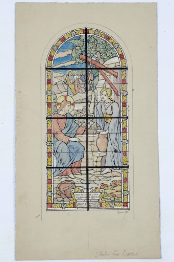 Ensemble de 2 verrières historiées : annonciation, la Samaritaine au puits (baies 3 et 4) - Église paroissiale Saint-Aubin, Saint-Aubin-Fosse-Louvain