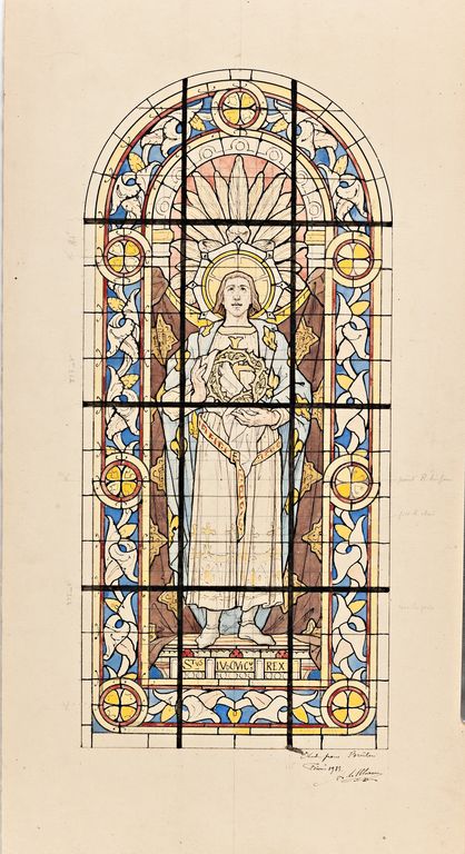 Ensemble de 2 verrières décoratives et d'une verrière à personnage : saint Louis (baies 23, 24 et baie occidentale) - Église prieurale et paroissiale Saint-Pierre-et-Saint-Paul, Brûlon