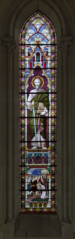 Ensemble de 3 verrières à personnage : Sacré Cœur, saint Pierre, saint Paul (baies 0 à 2) - Église paroissiale Saint-Pierre-et-Saint-Paul, Courcité