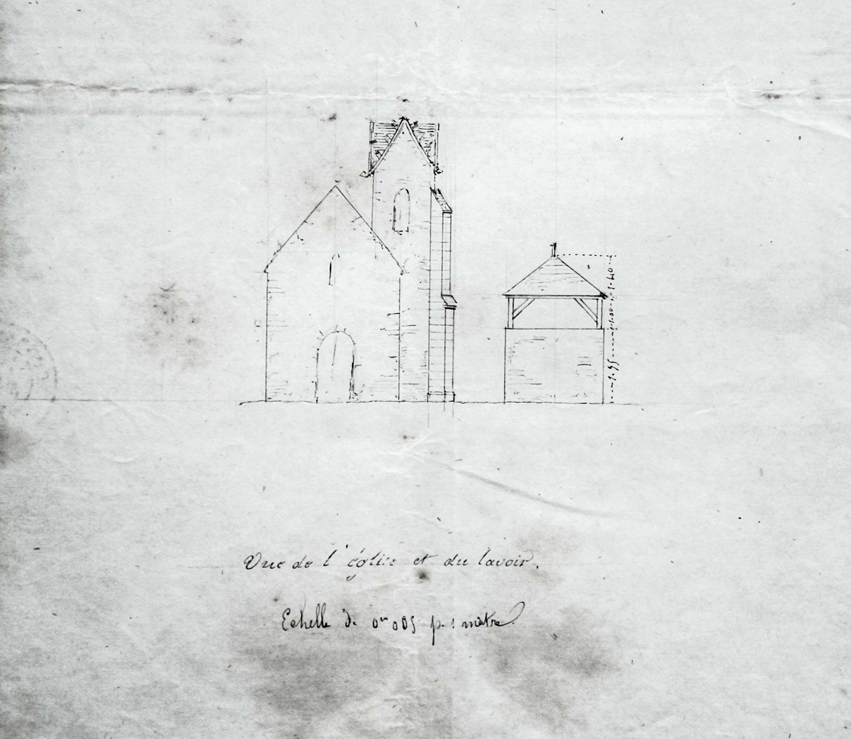 Un plan de l'ancien emplacement du lavoir par rapport à l'église, vers 1860.