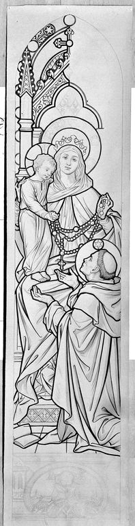 Ensemble de 2 verrières historiées et de 4 verrières décoratives : apparition de la Vierge à saint Dominique, sainte Famille (baies 9 à 14) - Église paroissiale Notre-Dame-de-l'Assomption, Commer