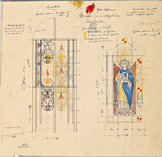 Ensemble de 2 verrières décoratives et d'une verrière à personnage : saint Louis (baies 23, 24 et baie occidentale) - Église prieurale et paroissiale Saint-Pierre-et-Saint-Paul, Brûlon